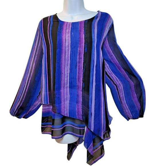 Susan Graver Blouse L Purple Black Striped Long Sleeve Asymmetrical Hem Preowned - Picture 1 of 9